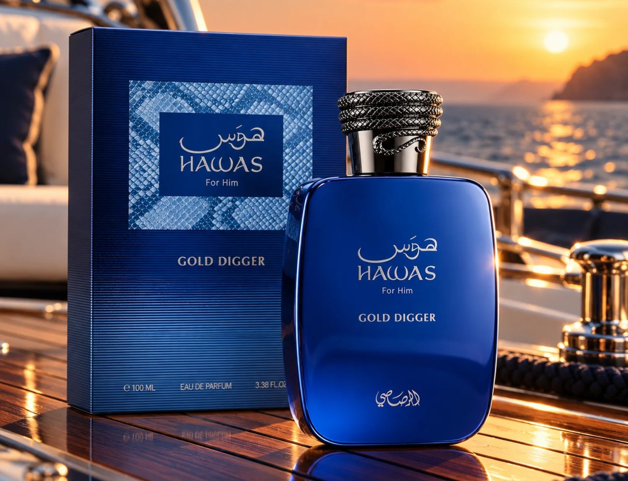 RASASI Hawas Gold Digger by Rasasi 100ml EDP — Blue perfume bottle and box on a yacht deck at sunset, with a golden ocean reflection.