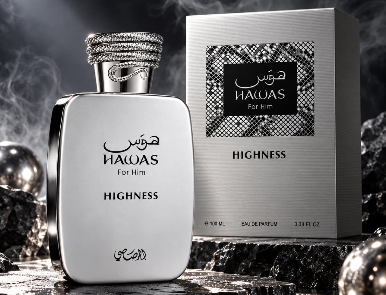 RASASI Hawas Highness by Rasasi 100ml EDP — Botol perak dengan penutup perak berhias, bersama kotak peraknya di atas permukaan gelap bertekstur dengan kesan asap dan sfera logam.