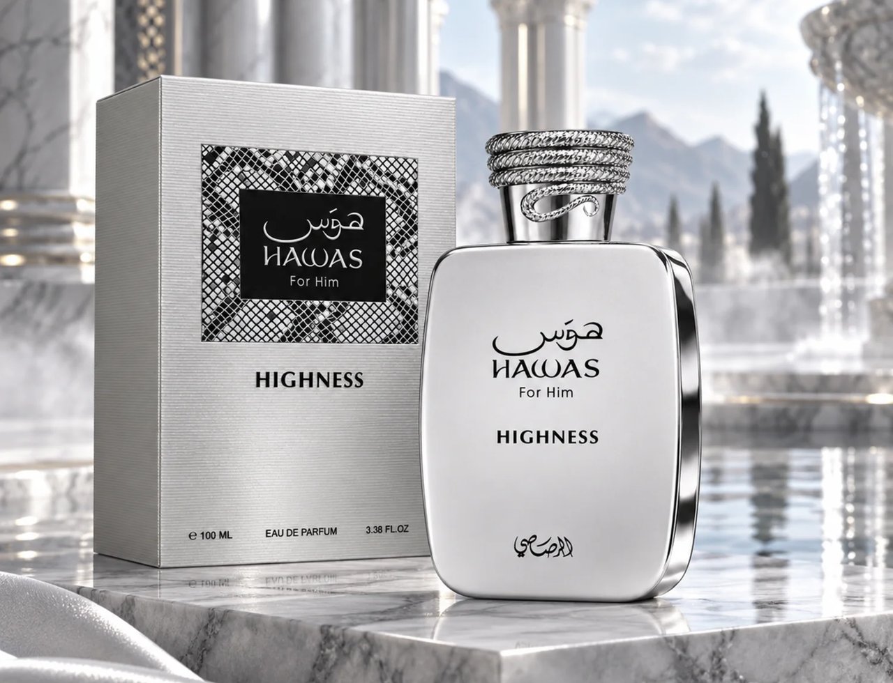 RASASI Hawas Highness by Rasasi 100ml EDP — Silver bottle and box displayed on a marble surface with a luxurious, architectural background.