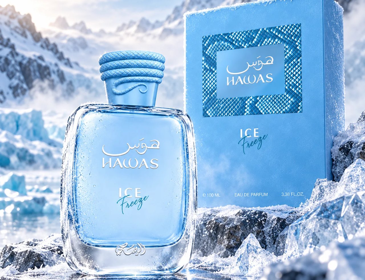 RASASI Hawas Ice Freeze by Rasasi 100ml EDP — Botol kaca jernih berisi cecair biru dan penutup biru bertekstur, bersebelahan kotak biru, di latar belakang landskap gunung salji dan ais.