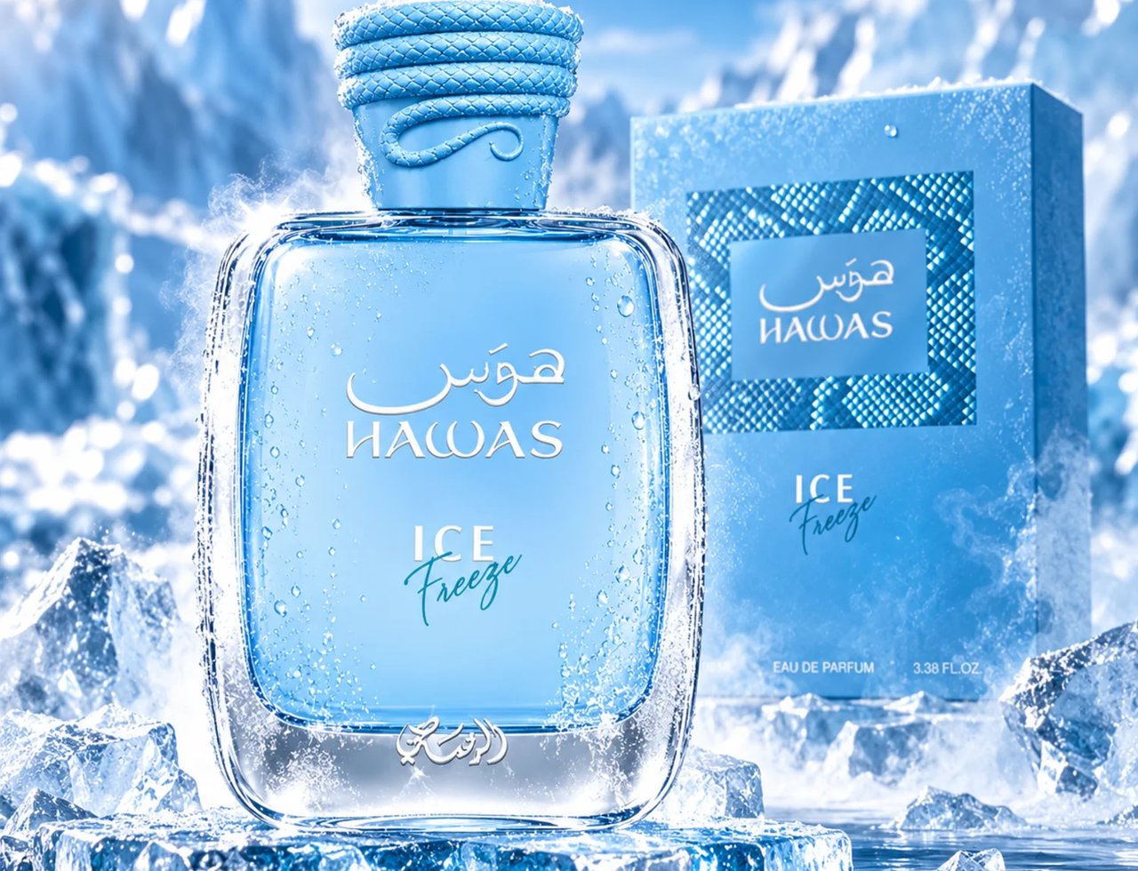 RASASI Hawas Ice Freeze by Rasasi 100ml EDP — A clear glass perfume bottle with blue liquid, covered in water droplets, sits on ice cubes. A matching blue box is in the background, with icy mountains and a bright sky.