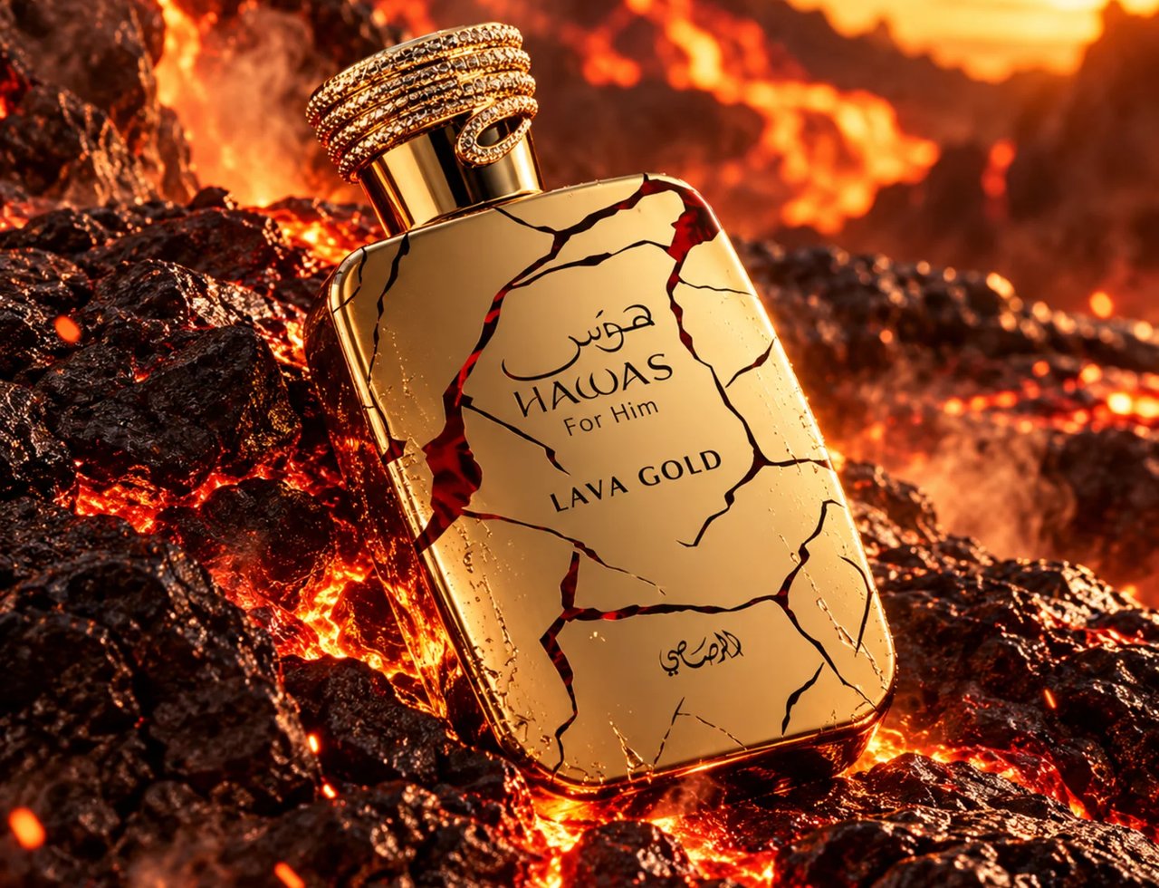 RASASI Hawas Lava Gold by Rasasi 100ml EDP — Gold cracked bottle with red lava glowing through cracks, set against a backdrop of fiery volcanic rocks and molten lava.
