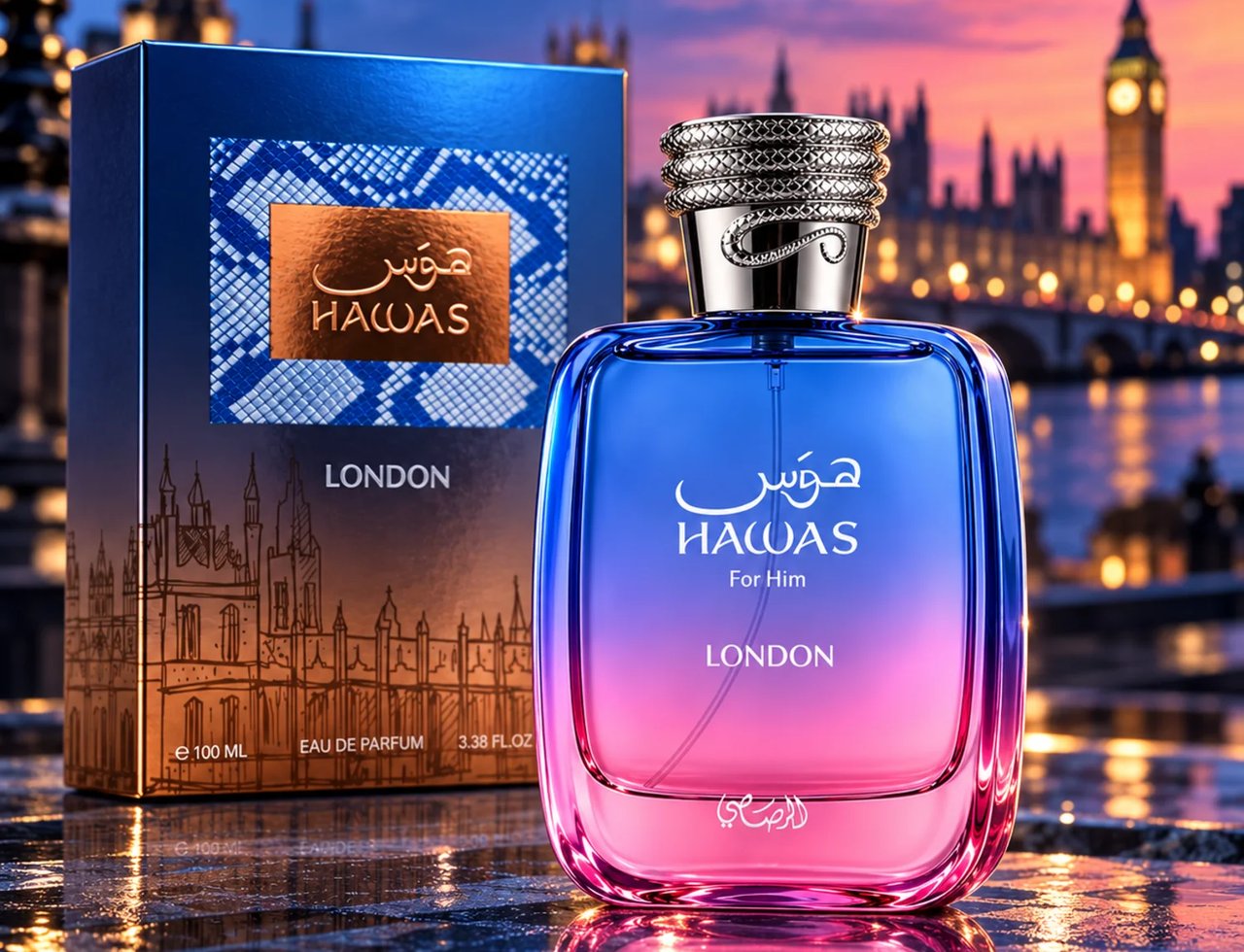 RASASI Hawas London by Rasasi 100ml EDP — Botol kaca gradien biru dan merah jambu dengan penutup perak seperti ular, bersebelahan kotak birunya dengan corak ular emas. Latar belakang langit senja London.