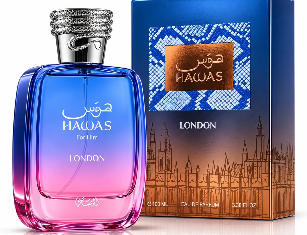 RASASI Hawas London by Rasasi 100ml EDP — A blue and pink gradient glass perfume bottle with a silver textured cap, standing next to its blue and gold patterned box featuring London skyline silhouette.