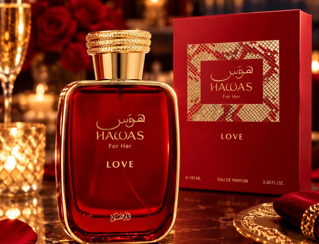 RASASI Hawas Love For Her by Rasasi 100ml EDP — Botol minyak wangi kaca merah berpenutup emas, kotak merah, gelas champagne, mawar merah, dan lilin dalam suasana mewah.