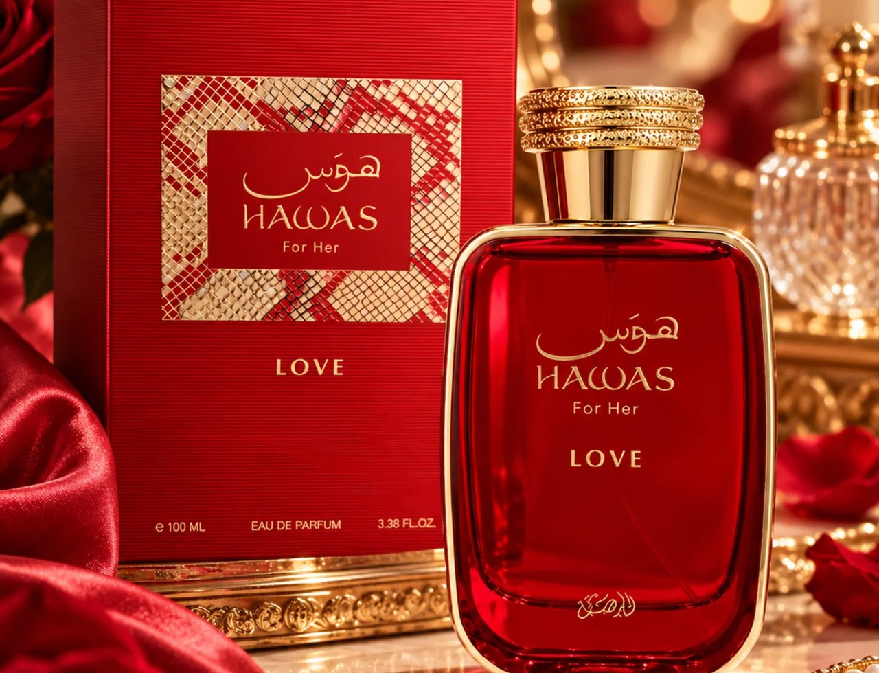 RASASI Hawas Love For Her by Rasasi 100ml EDP — Red perfume bottle and box with gold accents, set against a backdrop of red roses and satin fabric.