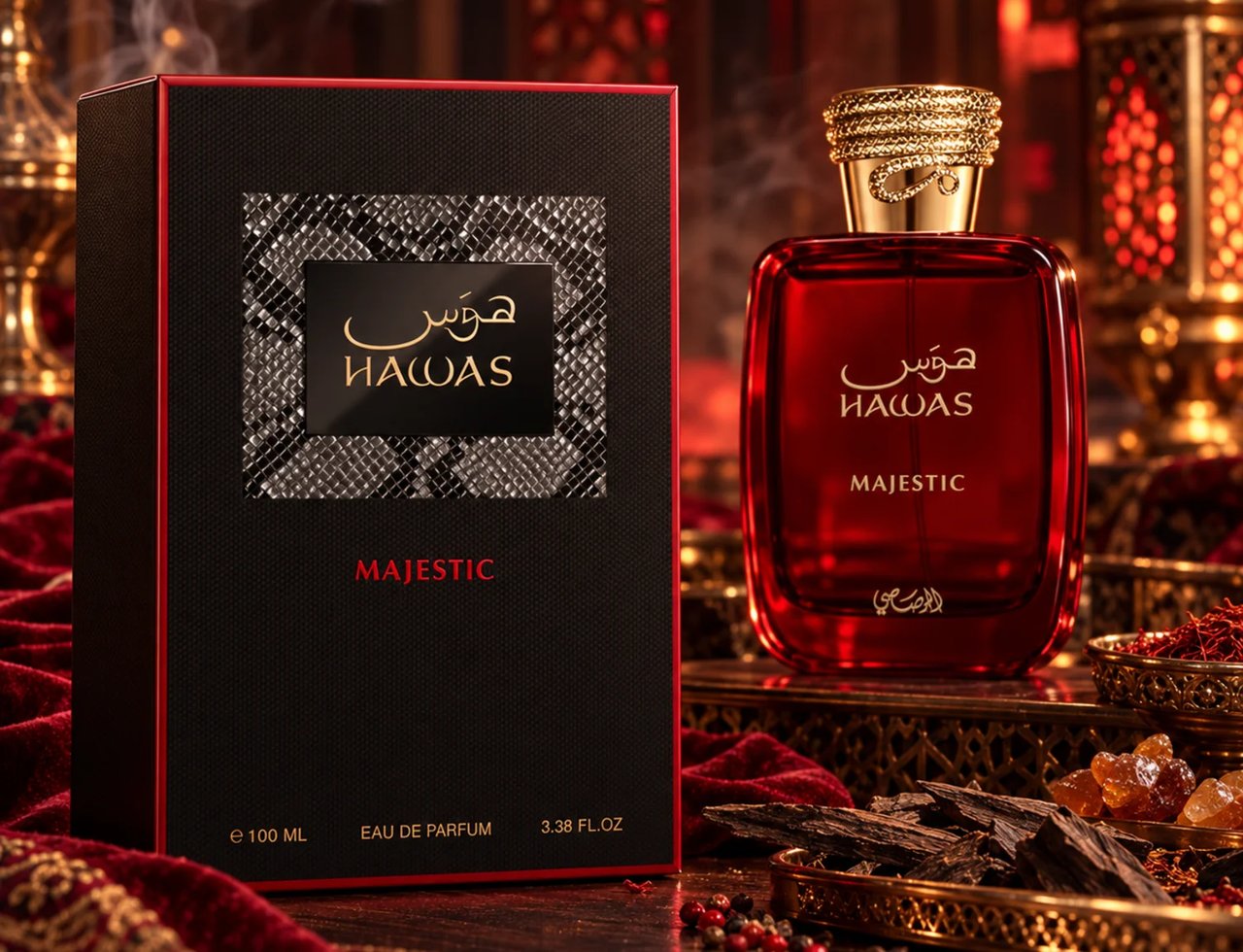 RASASI Hawas Majestic by Rasasi 100ml EDP — Botol minyak wangi kaca merah bertutup tekstur emas, diletakkan di atas permukaan marmar bersama kotak pembungkusan hitamnya di latar belakang.