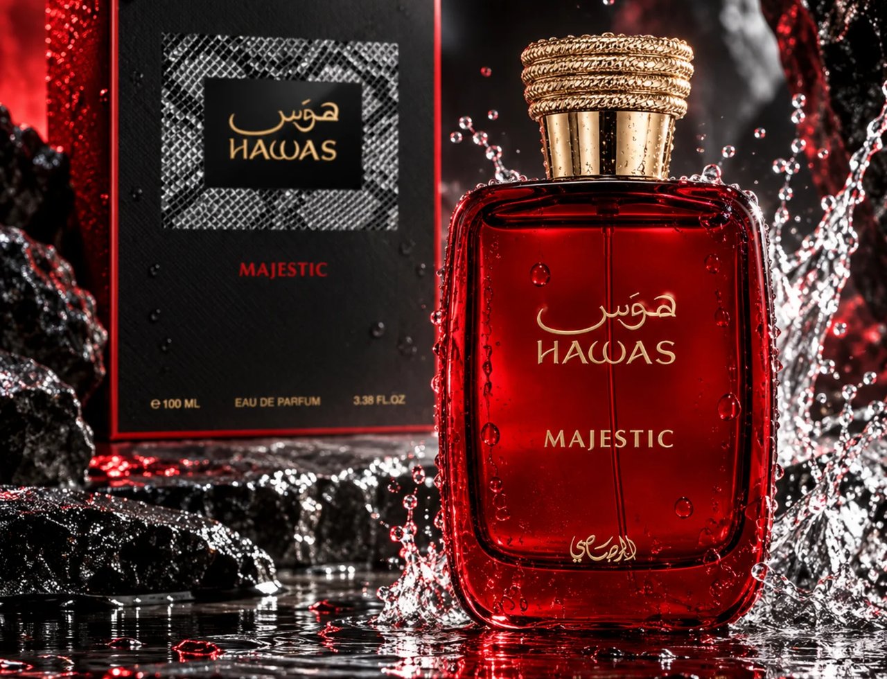 RASASI Hawas Majestic by Rasasi 100ml EDP — Black box with snake print detail and red trim, next to a red glass perfume bottle with gold cap, on a dark surface with oud wood and spices.