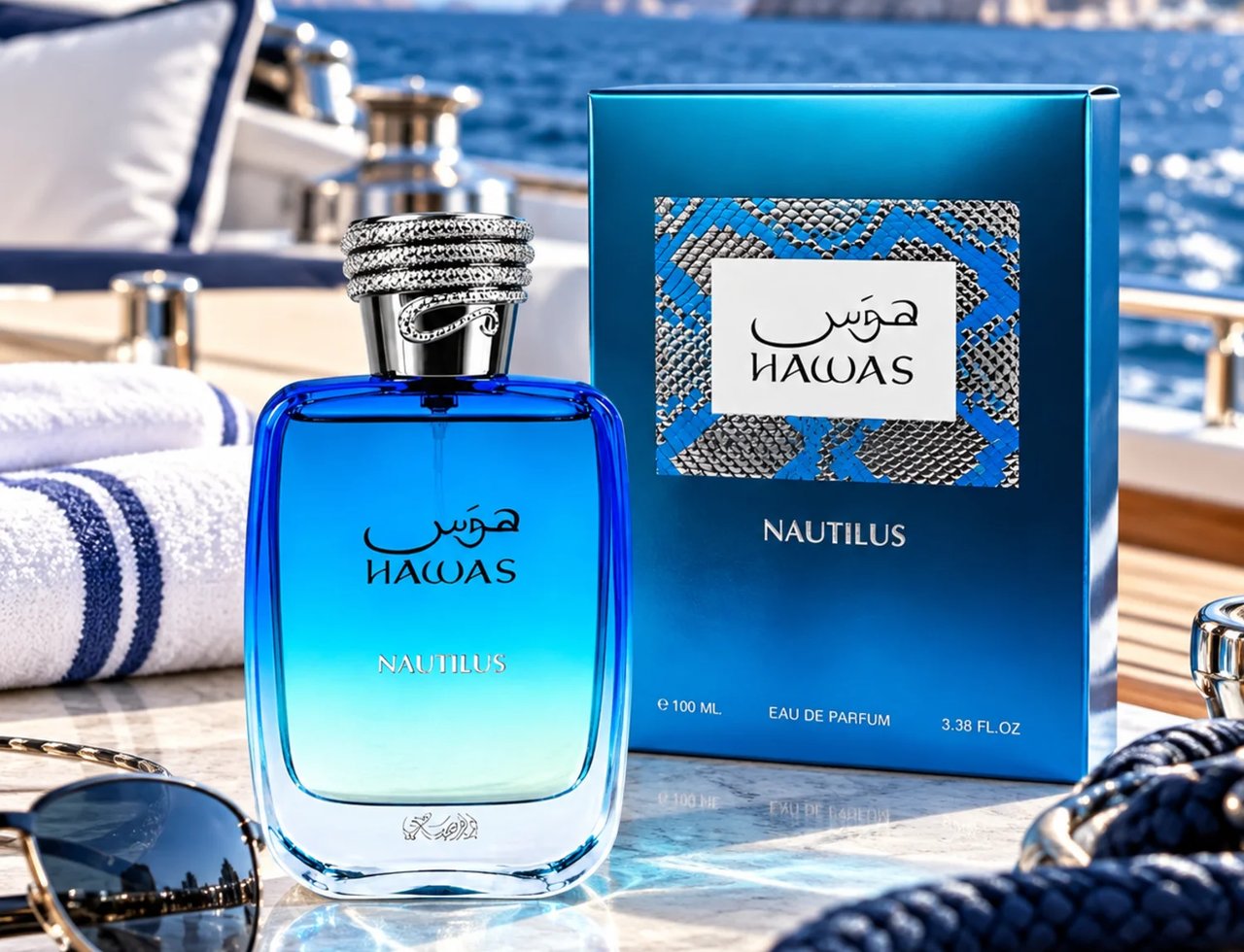 RASASI Hawas Nautilus oleh Rasasi 100ml EDP — Botol minyak wangi kaca biru gradien dengan penutup perak bertekstur, bersebelahan kotak birunya, di atas dek kapal layar dengan latar belakang laut.