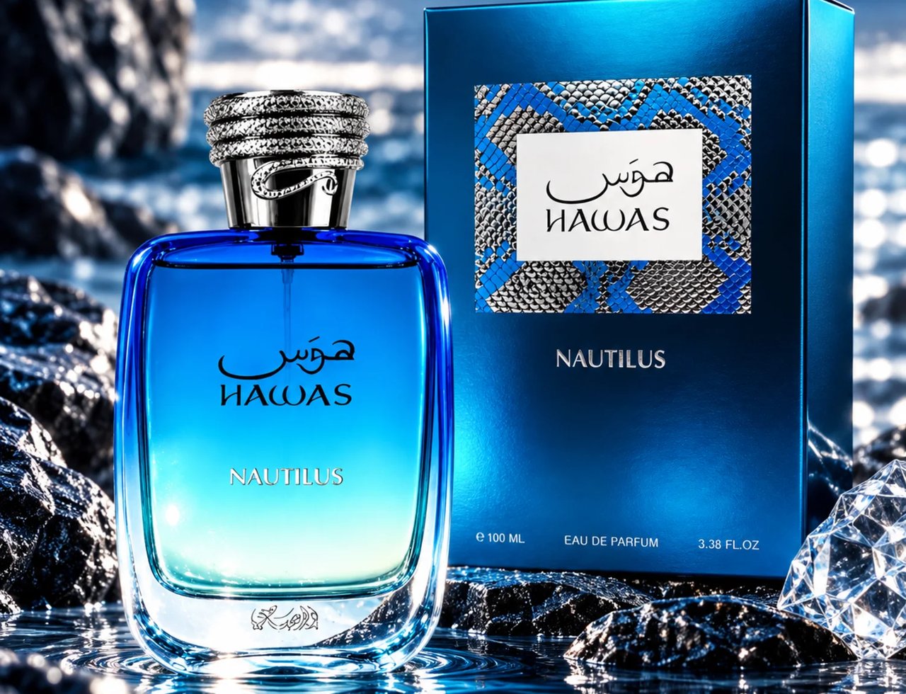 RASASI Hawas Nautilus by Rasasi 100ml EDP — Blue gradient glass perfume bottle with a textured silver cap, next to its matching blue box, displayed on wet rocks with water reflections.