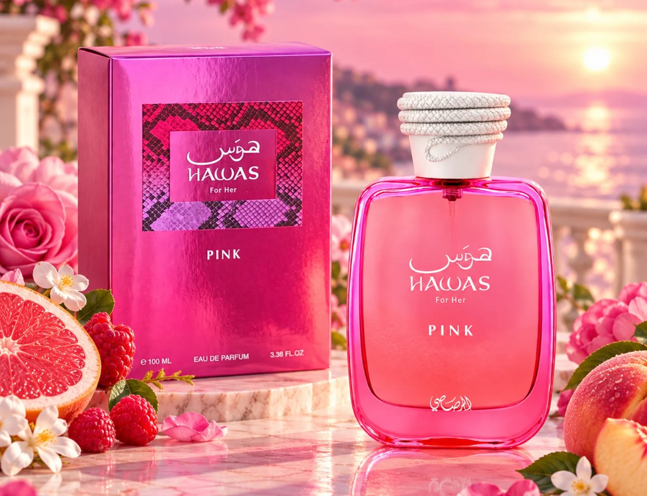 RASASI Hawas Pink by Rasasi 100ml EDP — Botol dan kotak minyak wangi merah jambu dipamerkan bersama raspberi segar, limau gedang yang dihiris, dan bunga merah jambu halus berlatarkan laut waktu matahari terbenam.