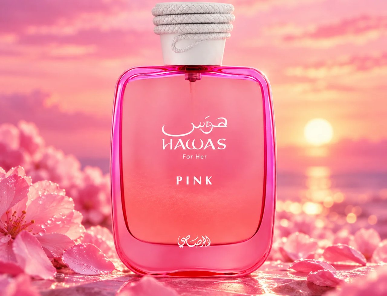 RASASI Hawas Pink by Rasasi 100ml EDP — Pink glass perfume bottle with white rope-like cap, surrounded by pink flower petals and water, with a sunset sky background.