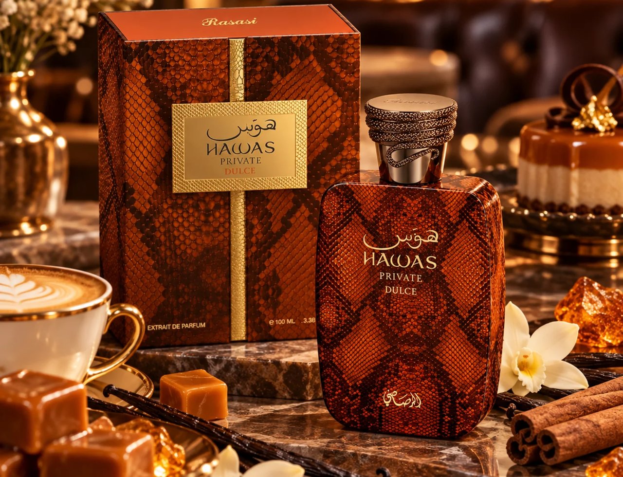 Rasasi Hawas Private Dulce — Botol dan kotak wangian corak kulit ular, dihiasi bersama kopi, gula-gula karamel, kacang vanila, dan kayu manis di atas permukaan marmar.
