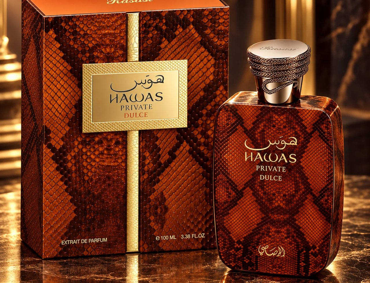 RASASI Hawas Private Dulce by Rasasi 100ml EDP — A snakeskin-patterned perfume box and bottle with gold accents and text, displayed on a marble surface.