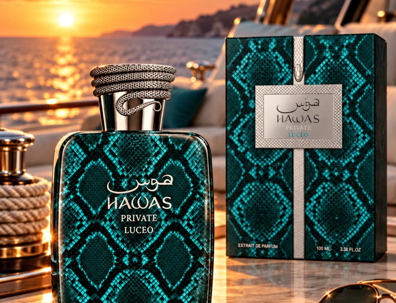 RASASI Hawas Private Luceo by Rasasi 100ml EDP — Botol corak kulit ular teal dengan penutup ular melingkar, dipamerkan bersama kotak sepadan dan cermin mata hitam di atas dek kapal layar waktu matahari terbenam.