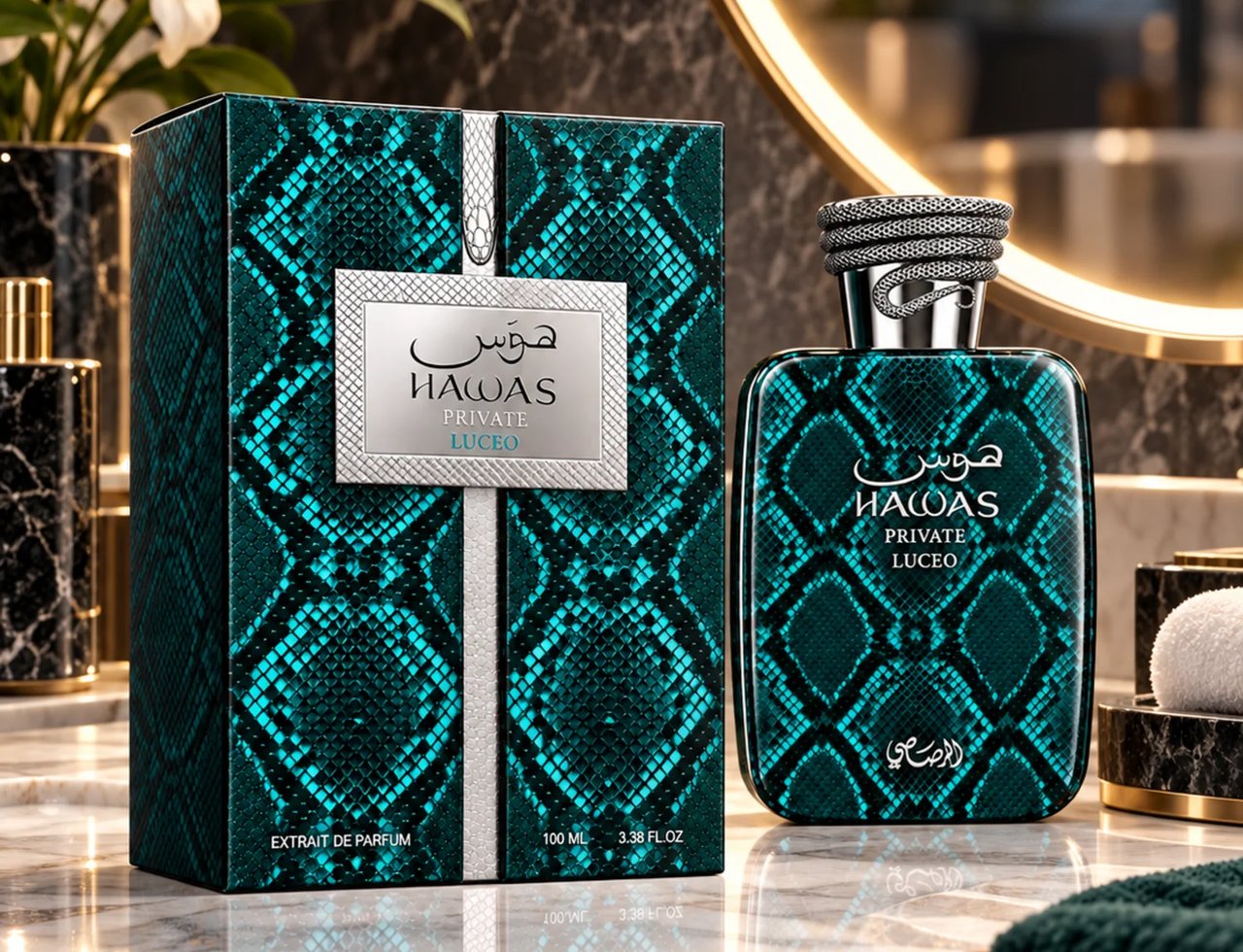 RASASI Hawas Private Luceo by Rasasi 100ml EDP — Teal snakeskin patterned box and bottle with silver accents, displayed on a marble surface with a blurred floral arrangement and mirror.