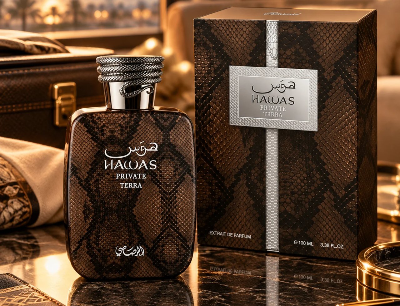 RASASI Hawas Private Terra oleh Rasasi 100ml EDP — Botol dan kotak minyak wangi bertekstur kulit ular coklat dengan penutup berlingkar ular perak, di atas permukaan marmar bersama pasport dan pen.
