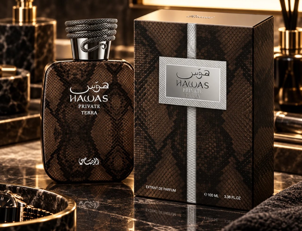 RASASI Hawas Private Terra by Rasasi 100ml EDP — Brown snakeskin textured bottle and box with silver accents, displayed on a marble surface with a soap dispenser and towel.