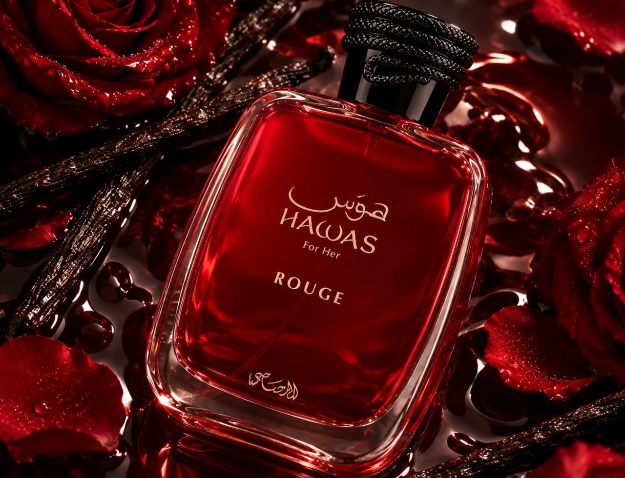 RASASI Hawas Rouge by Rasasi 100ml EDP — Botol minyak wangi kaca merah dikelilingi kelopak mawar merah, buah vanila, dan cecair gelap.