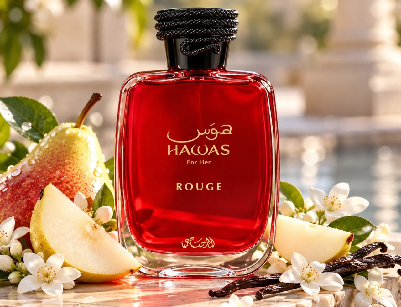 RASASI Hawas Rouge by Rasasi 100ml EDP — Red glass perfume bottle with black braided cap, surrounded by sliced pears, white flowers, and vanilla pods on a marble surface with water.