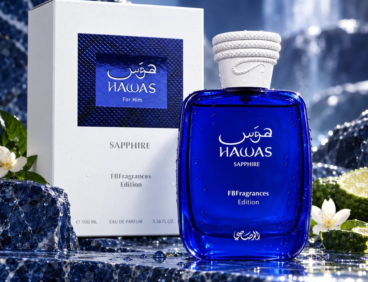 RASASI Hawas Sapphire FB Fragrances Edition by Rasasi 100ml EDP — Botol minyak wangi kaca biru dan kotak putih berlabel biru, berlatarkan latar air berbatu dengan limau dan bunga putih.