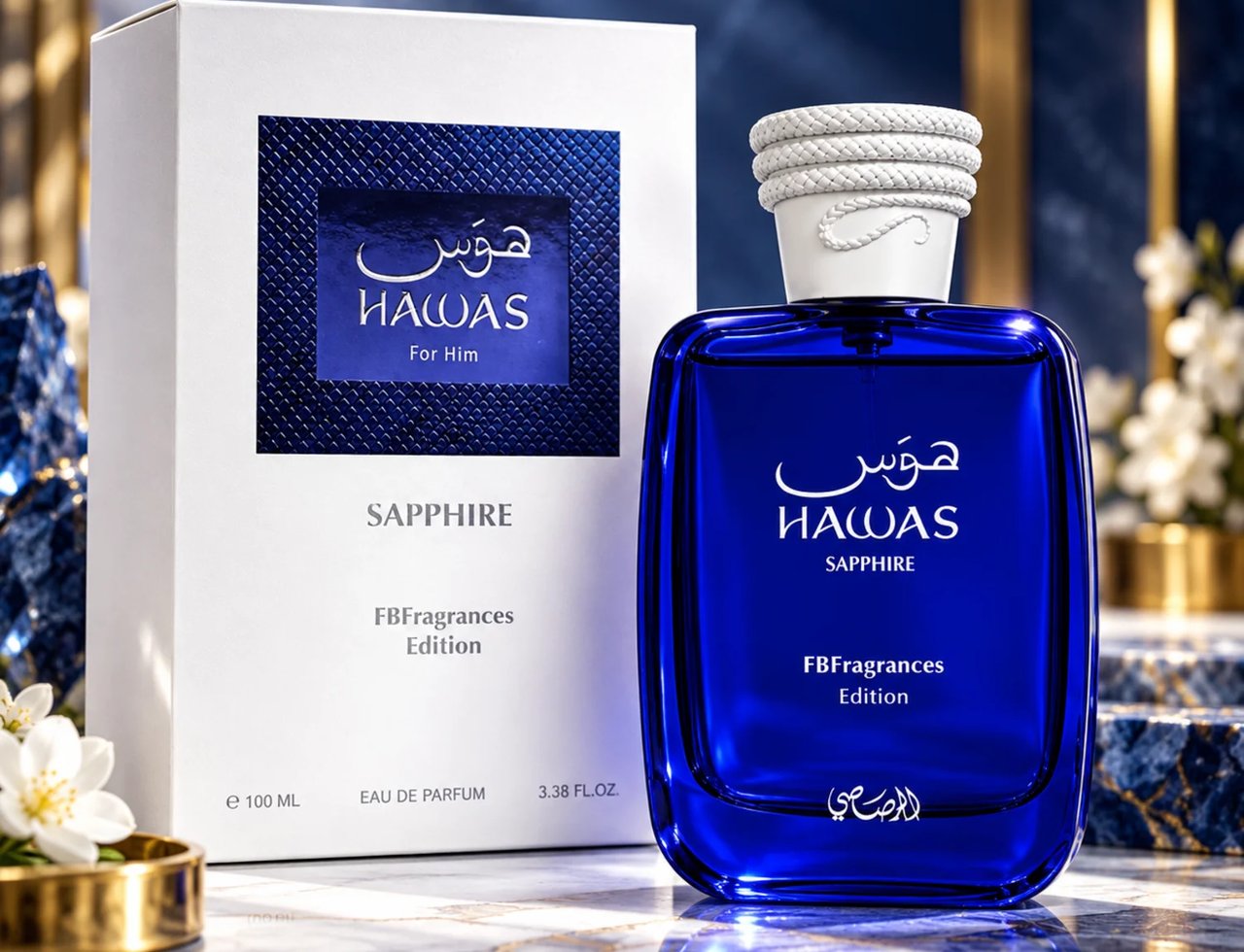 Rasasi Hawas Sapphire FB Fragrances Edition — Blue glass perfume bottle and white box with blue textured label, set on a marble surface with decorative elements.