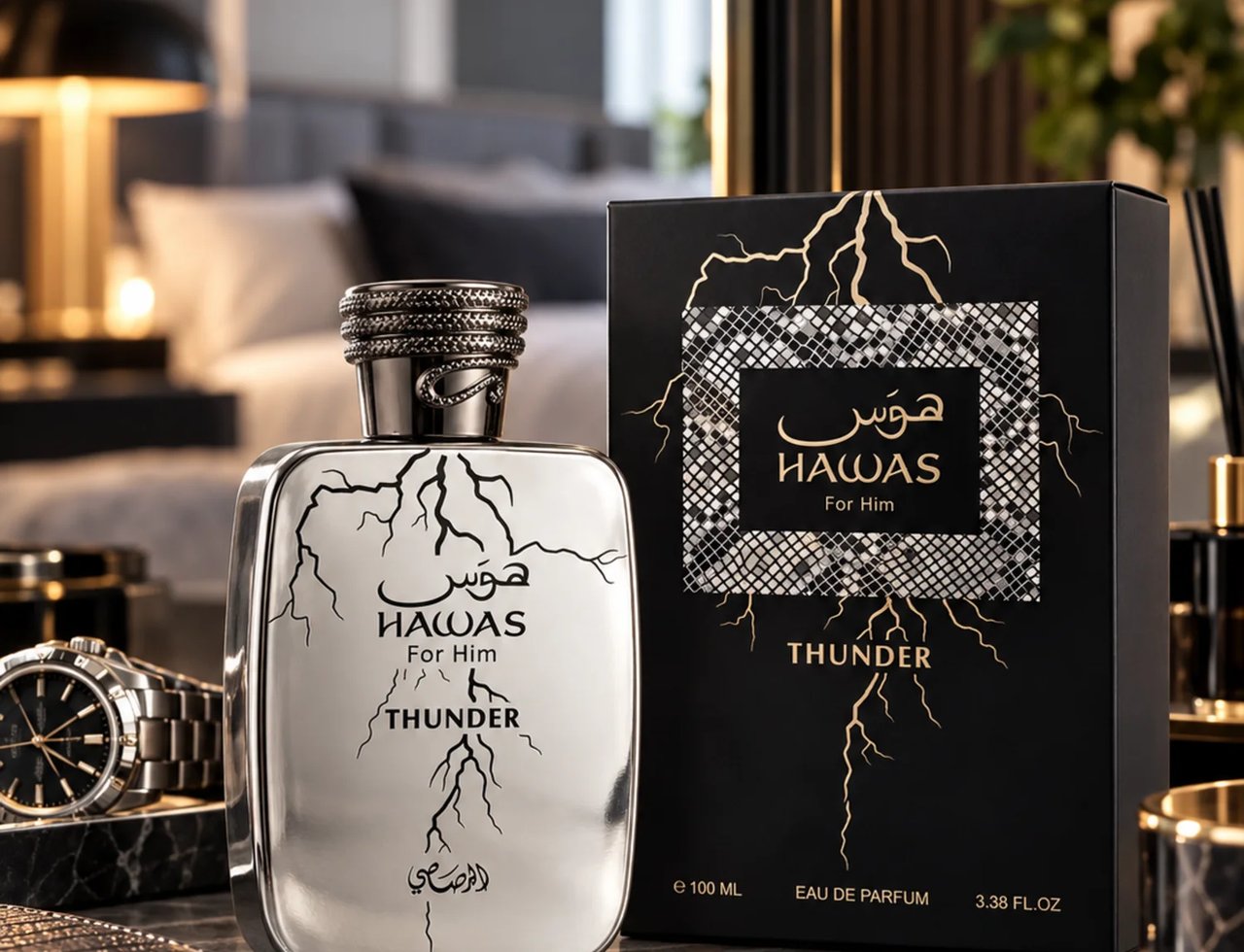 RASASI Hawas Thunder by Rasasi 100ml EDP — Botol perak dengan rekaan kilat di sebelah kotak hitam emasnya di atas permukaan marmar, dengan jam tangan dan dompet di latar depan.