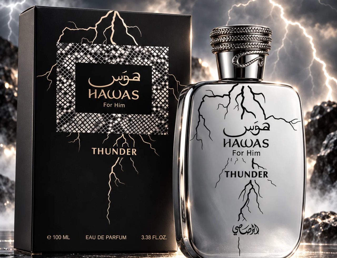 RASASI Hawas Thunder by Rasasi 100ml EDP — Black box and silver bottle with lightning design, set against a stormy sky with lightning strikes.