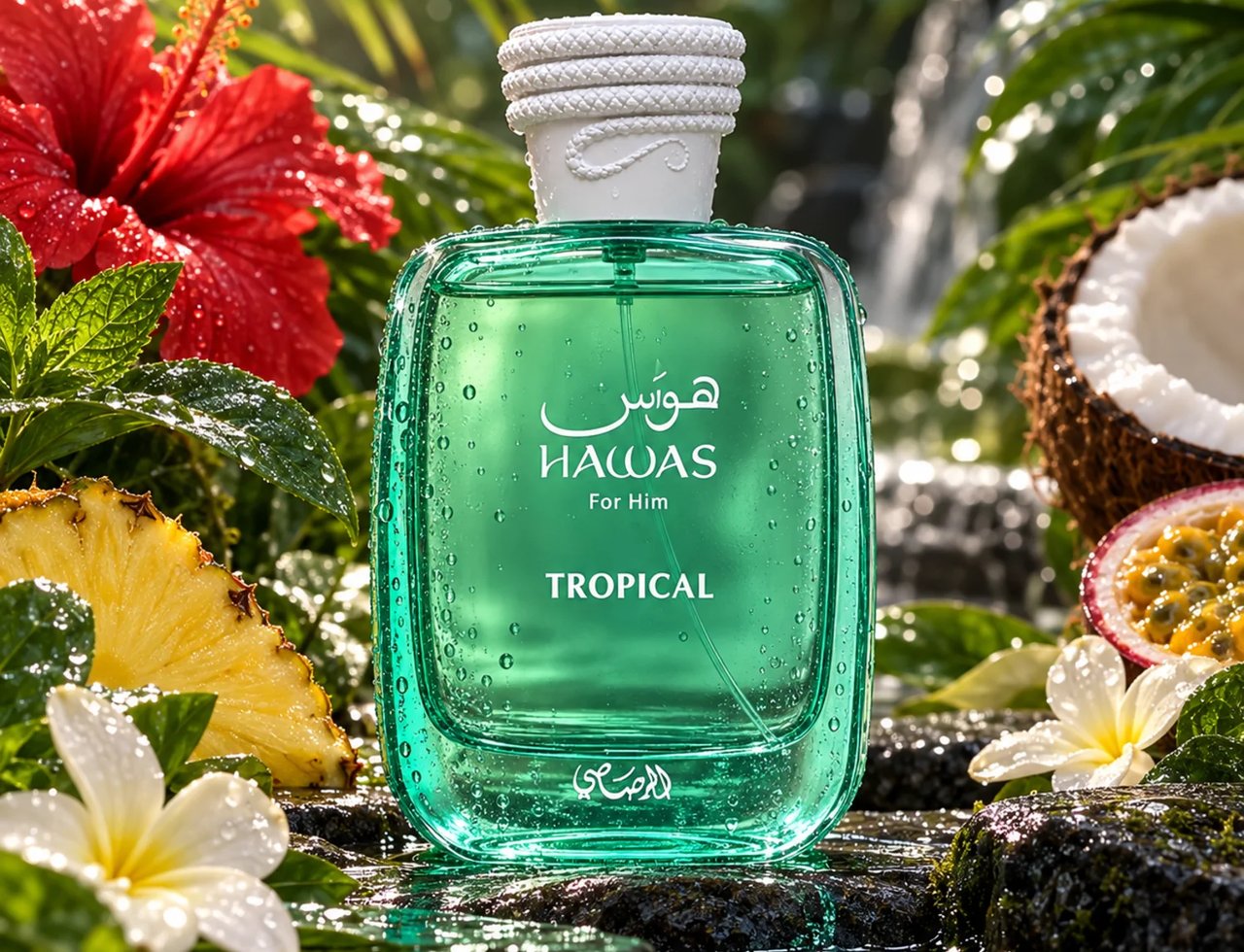 RASASI Hawas Tropical by Rasasi 100ml EDP — Botol kaca hijau bertakung air, dikelilingi buah-buahan tropika seperti nanas dan kelapa, bunga raya merah, dan air terjun di latar belakang.