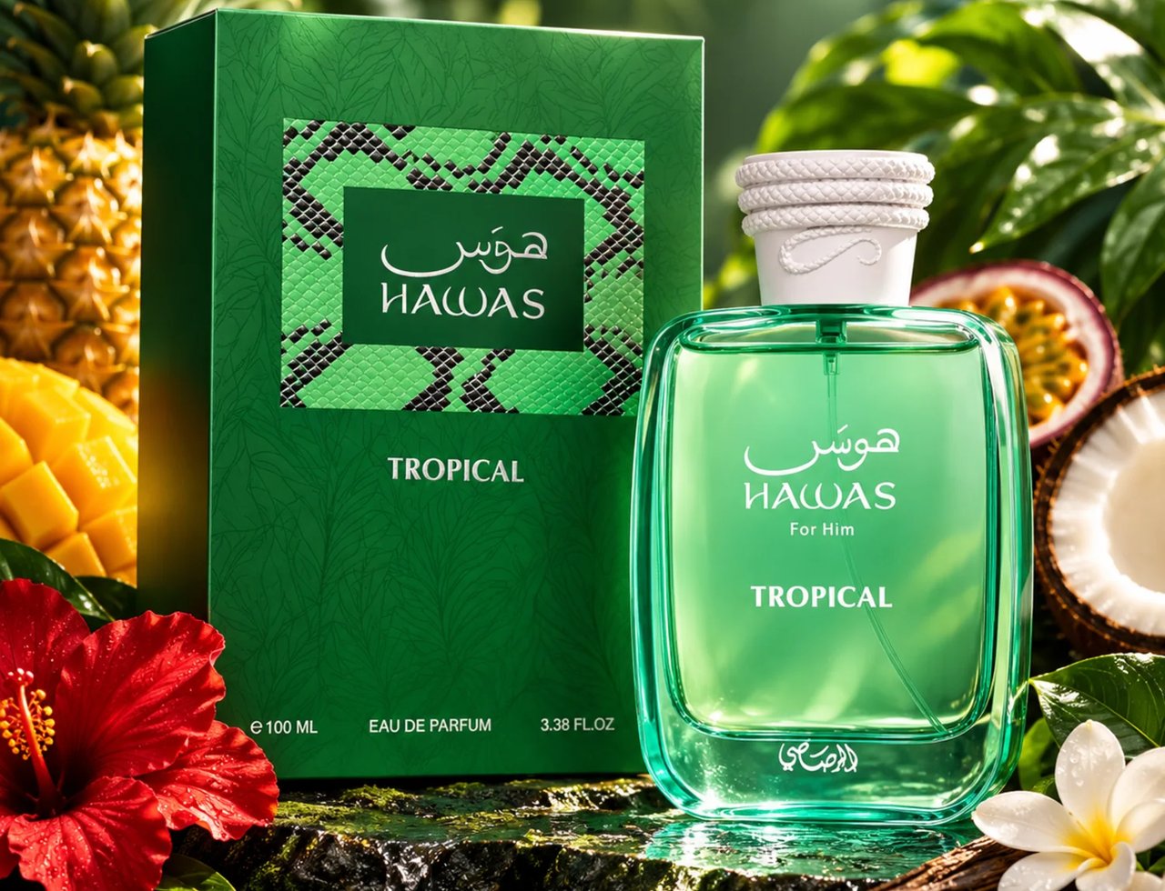 RASASI Hawas Tropical by Rasasi 100ml EDP — Green bottle and box with tropical fruits like pineapple, mango, passion fruit, and flowers.