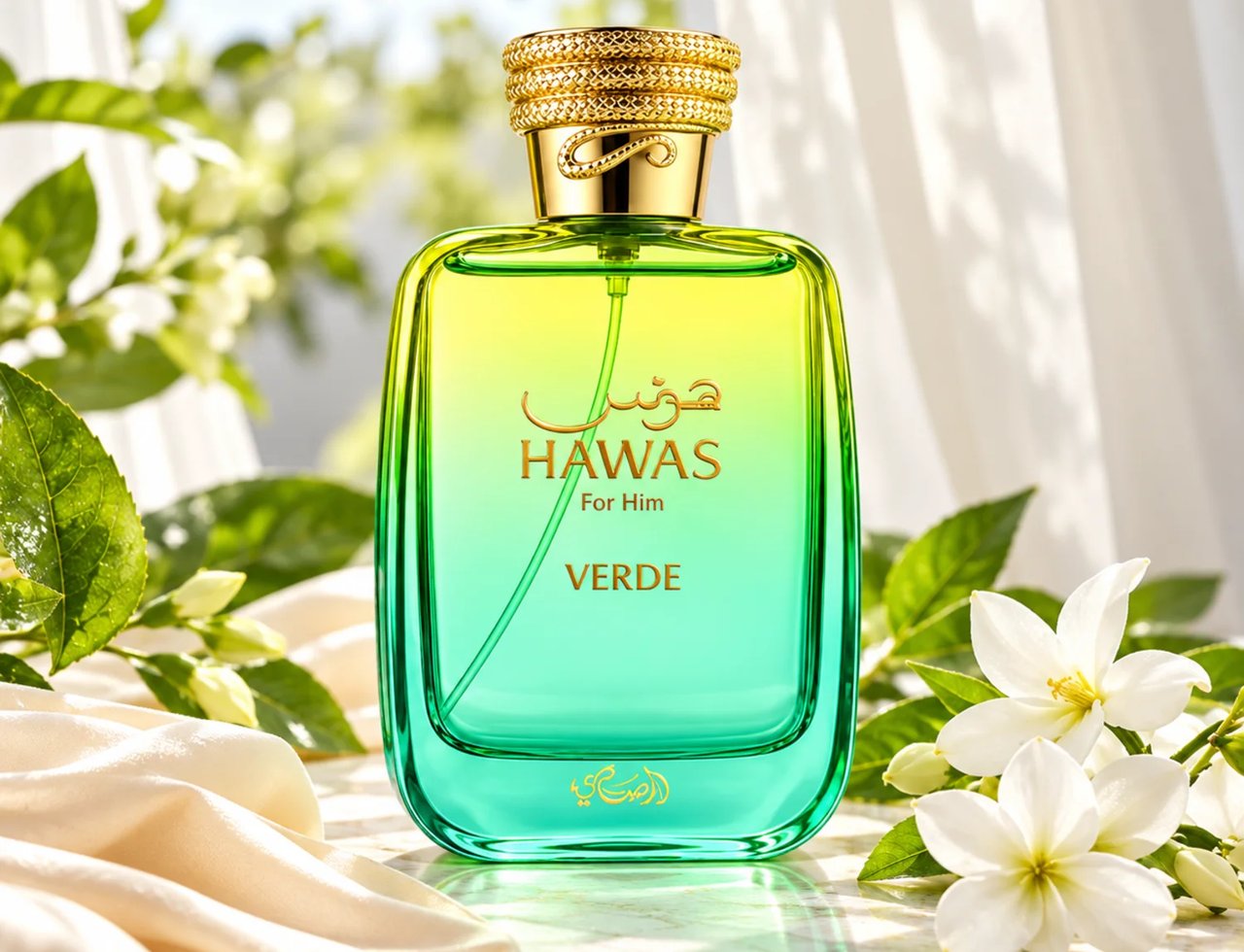 RASASI Hawas Verde by Rasasi 100ml EDP — Green and yellow gradient glass bottle with gold ornate cap, surrounded by green leaves and white flowers on a marble surface with draped fabric.