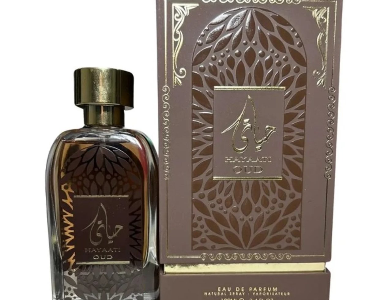Ard Al Zaafaran Hayaati Oud by Ard Al Zaafaran 100ml EDP Unisex — Botol minyak wangi coklat bertutup emas dan kotak coklat berhias emas, kedua-duanya menampilkan corak daun rumit dan kaligrafi Arab.