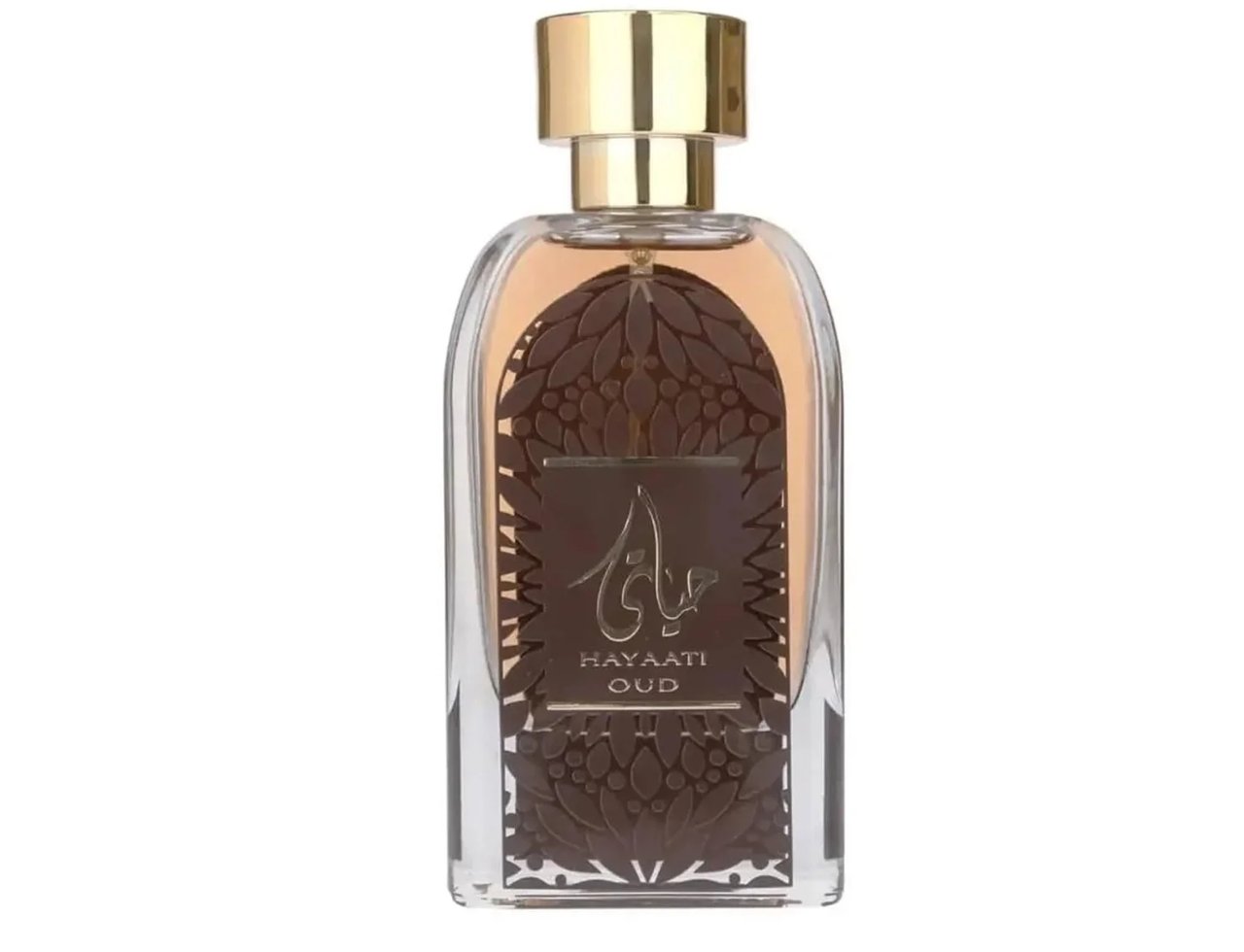 Ard Al Zaafaran Hayaati Oud by Ard Al Zaafaran 100ml EDP Unisex — Clear glass perfume bottle with gold cap, featuring a brown ornate label with Arabic script and "Hayaati Oud" text.
