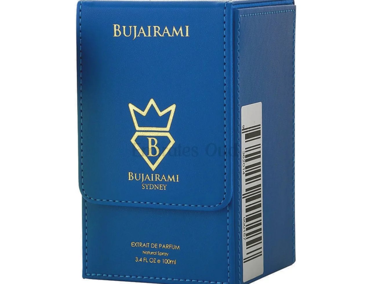 Bujairami Hectic by Bujairami 100ml Extrait de Parfum — Kotak pembungkusan kulit biru dengan logo dan teks emas, menampilkan lambang mahkota dan 'B', serta kod bar di sisi.