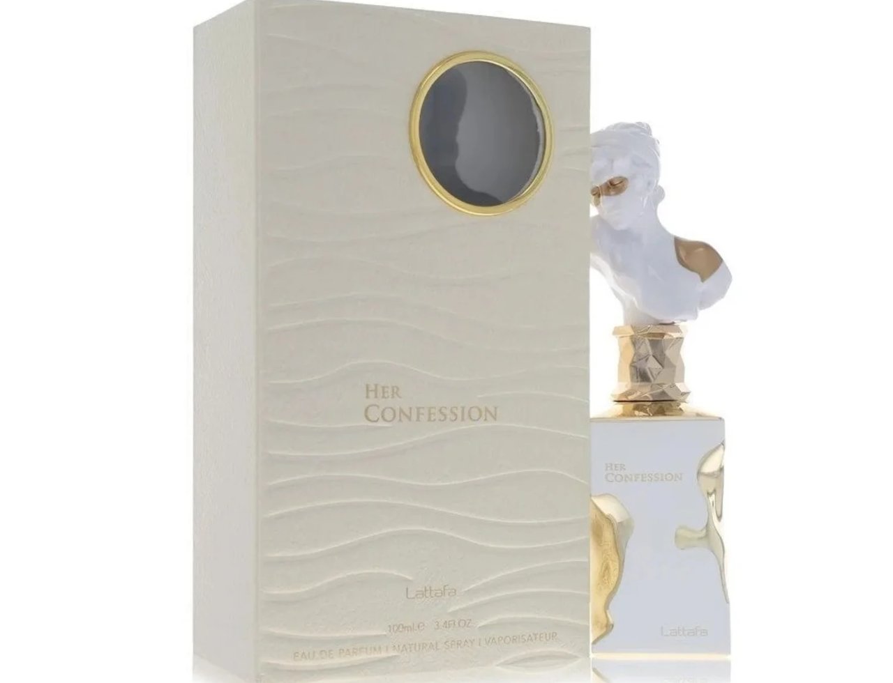 Lattafa Her Confession Lattafa 100ml EDP — Kotak putih bertekstur dengan tingkap bulat berbingkai emas terletak bersebelahan botol minyak wangi putih dengan patung wanita dan aksen emas.