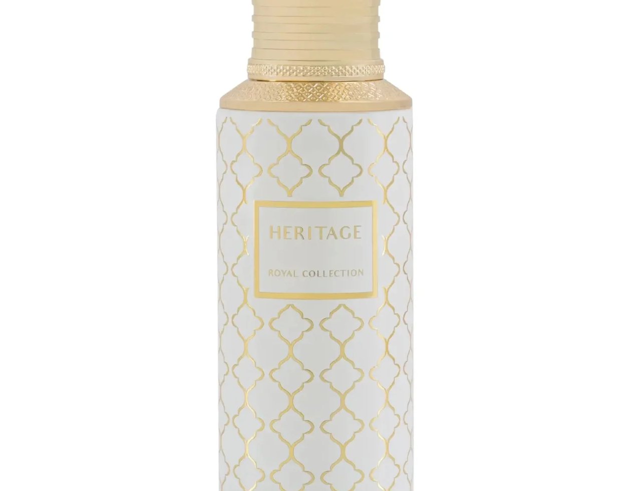 Maison Asrar Heritage — Botol putih corak geometri emas dan penutup emas, dengan label emas tertulis 'HERITAGE' dan 'ROYAL COLLECTION'.
