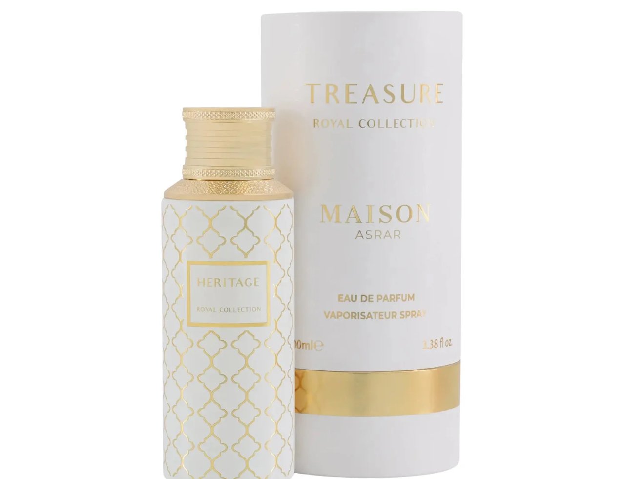 Maison Asrar Heritage by Maison Asrar 100ml EDP Unisex — White bottle with gold geometric pattern and gold cap, next to its white and gold cylindrical box.