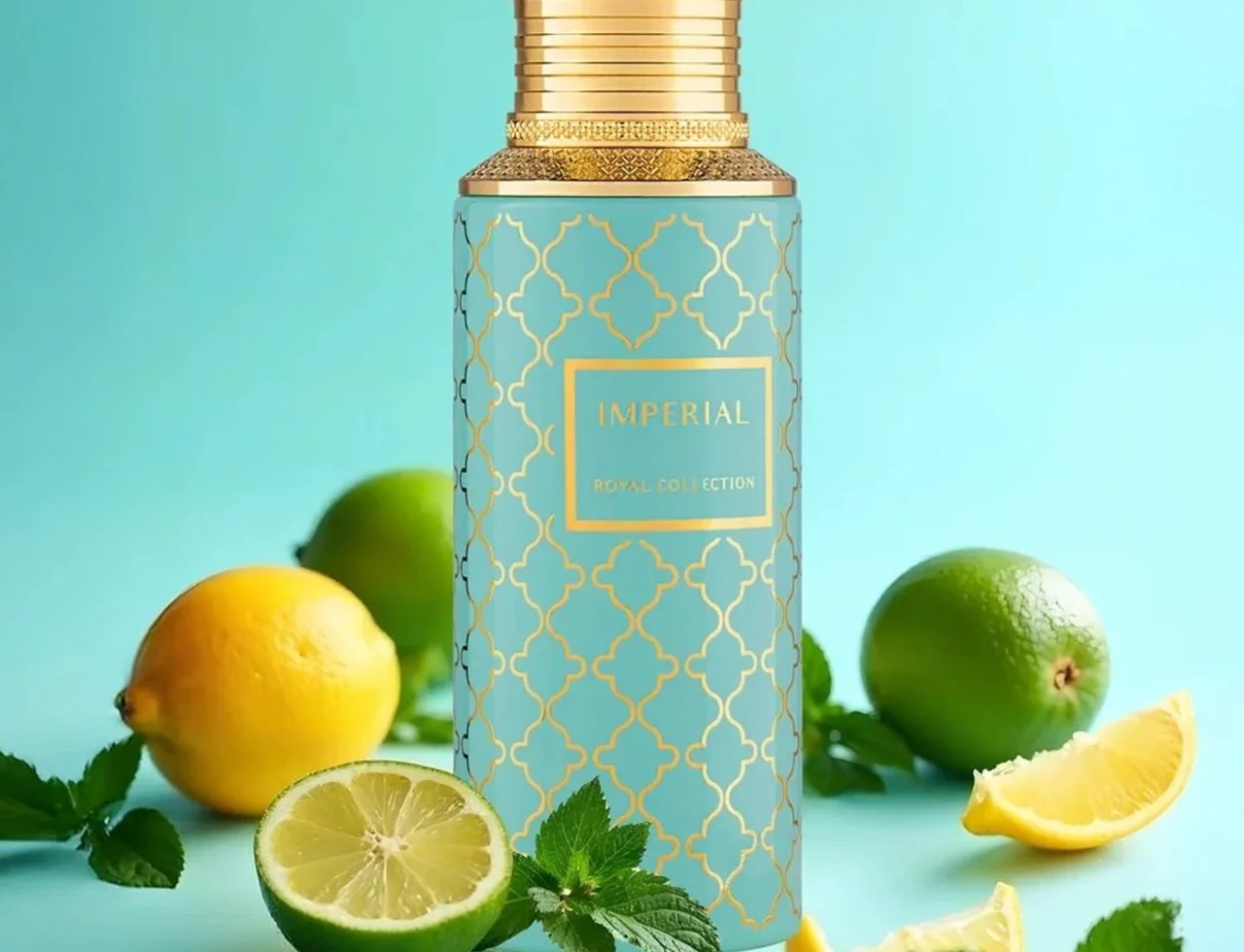 Imperial by Maison Asrar 100ml EDP Unisex — Botol biru turquoise corak emas dan penutup emas, dikelilingi limau, lemon, dan daun pudina di atas latar biru muda.