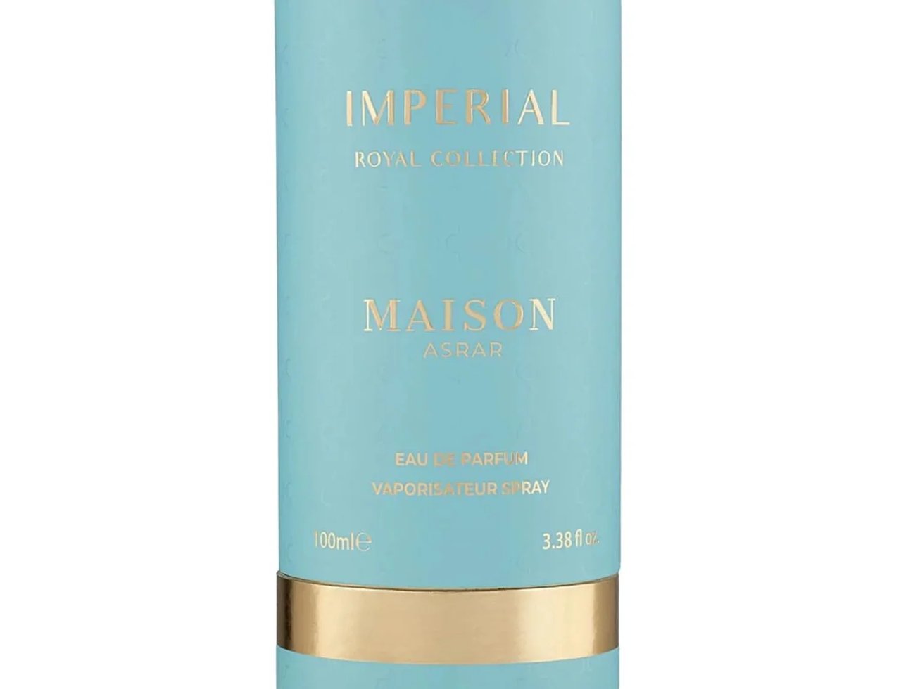 Maison Asrar Imperial by Maison Asrar 100ml EDP Unisex — Light blue cylindrical packaging with gold text and a gold band around the base.