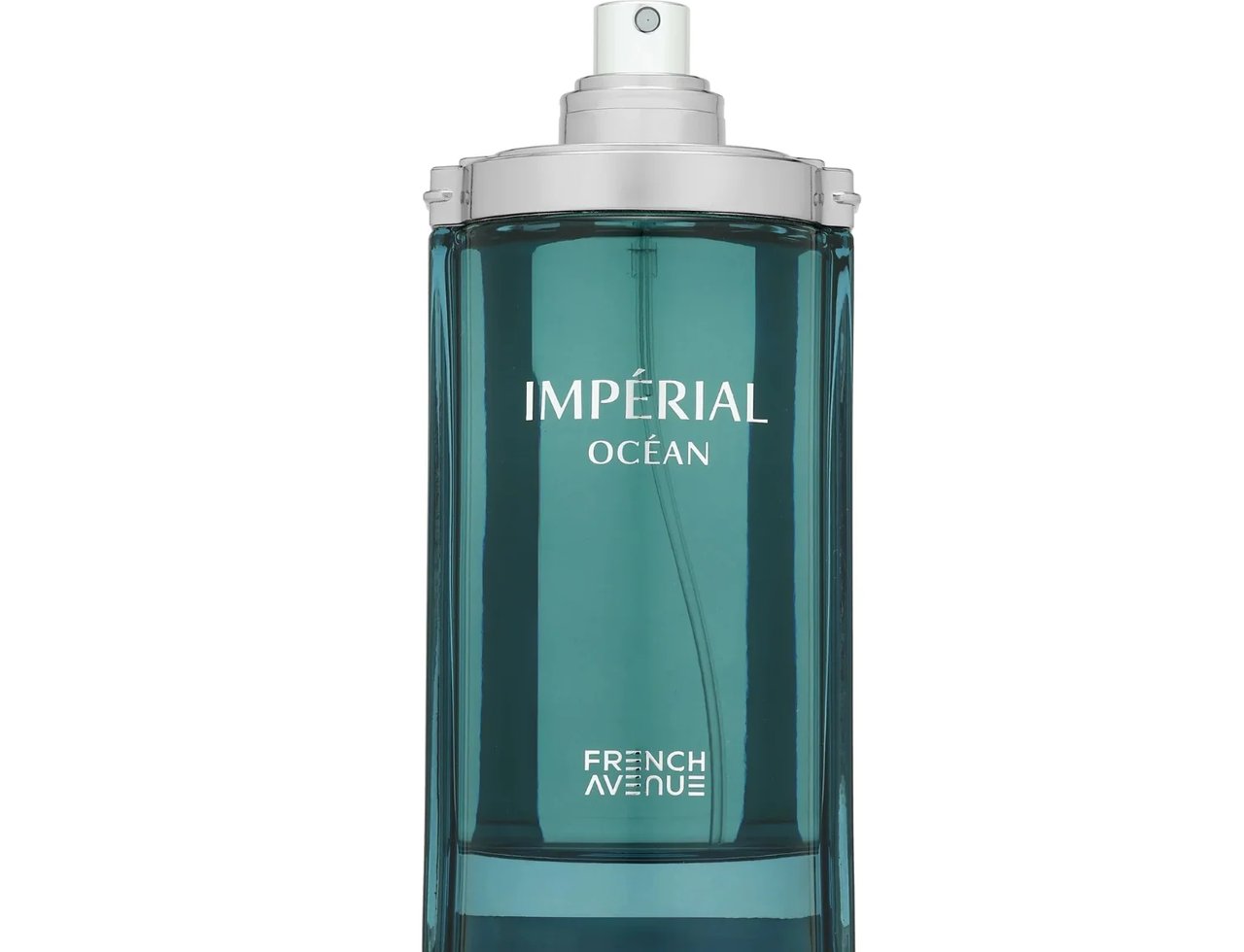 French Avenue Imperial Ocean 100ml untuk Lelaki — Botol minyak wangi kaca teal segi empat dengan penutup semburan perak, tertulis teks putih "IMPÉRIAL OCÉAN" dan "FRENCH AVENUE" di hadapan.