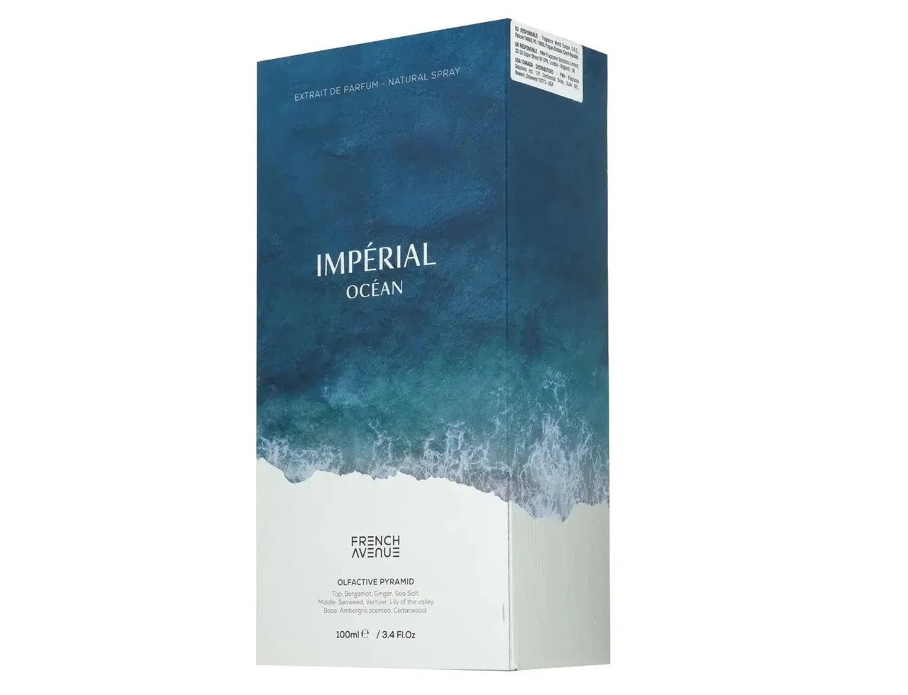French Avenue Imperial Ocean — A perfume box with a blue ocean wave graphic and text details.