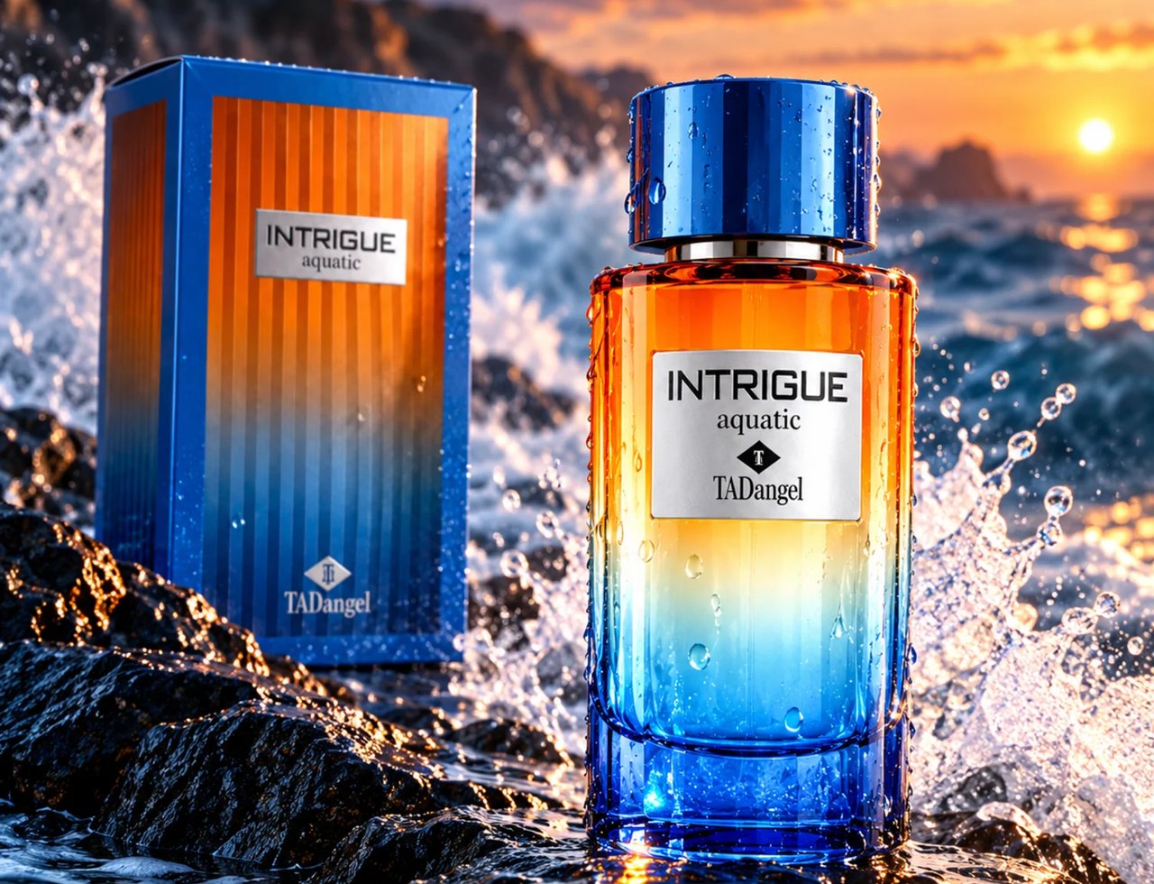 TADangel Intrigue Aquatic by TadAngel 100ml EDP Unisex — Botol minyak wangi dan kotak di atas batu basah dengan ombak laut dan latar matahari terbenam