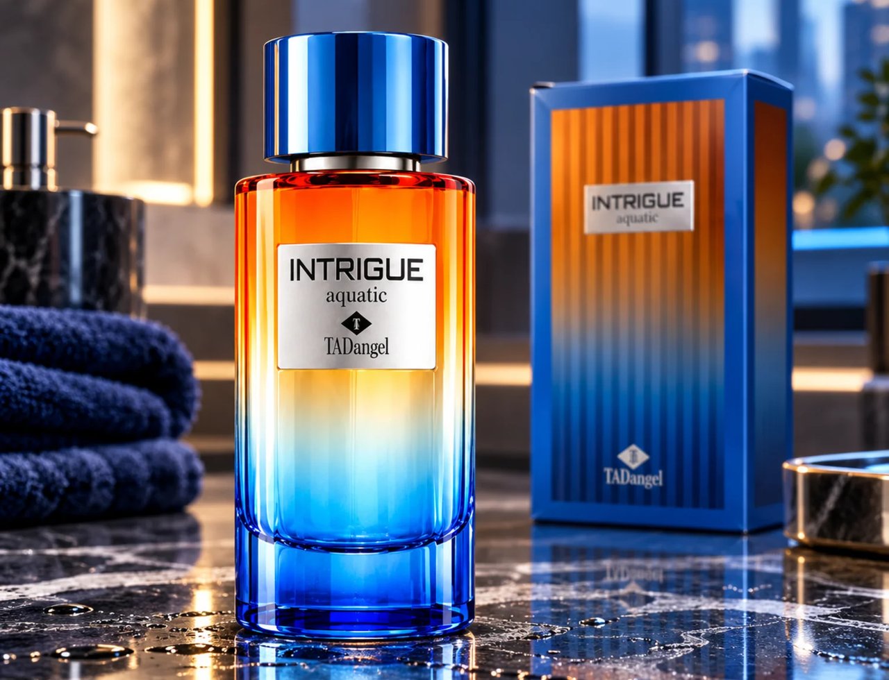 TADangel Intrigue Aquatic by TadAngel 100ml EDP Unisex — A gradient perfume bottle from orange to blue, with a blue cap, sits on a wet marble surface next to its matching blue and orange box. Folded navy towels and a soap dispenser are in the background.