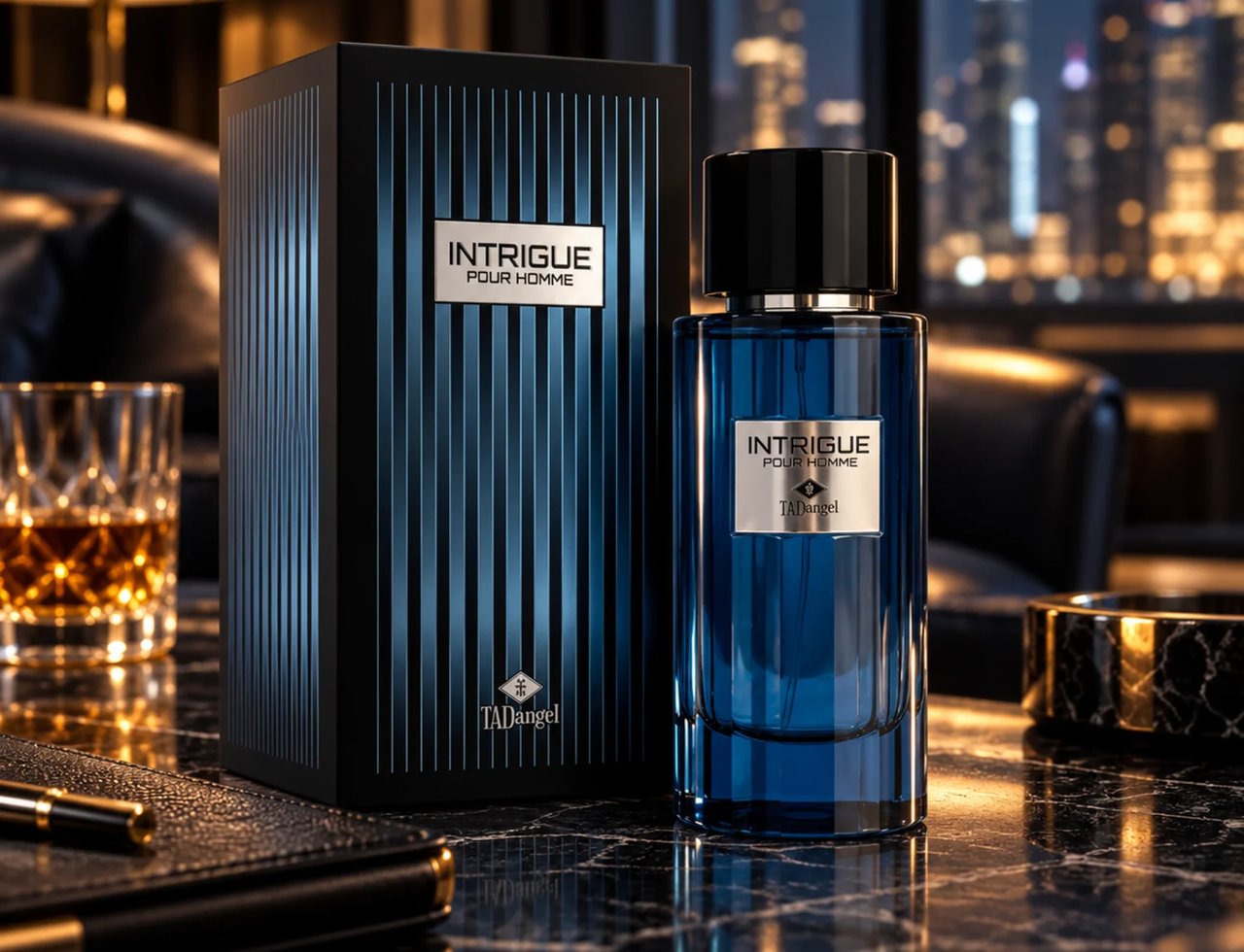 TADangel Intrigue Pour Homme — Botol minyak wangi kaca biru dan kotak sepadan di atas permukaan marmar dengan segelas wiski dan buku nota di latar belakang, lampu bandar kelihatan.