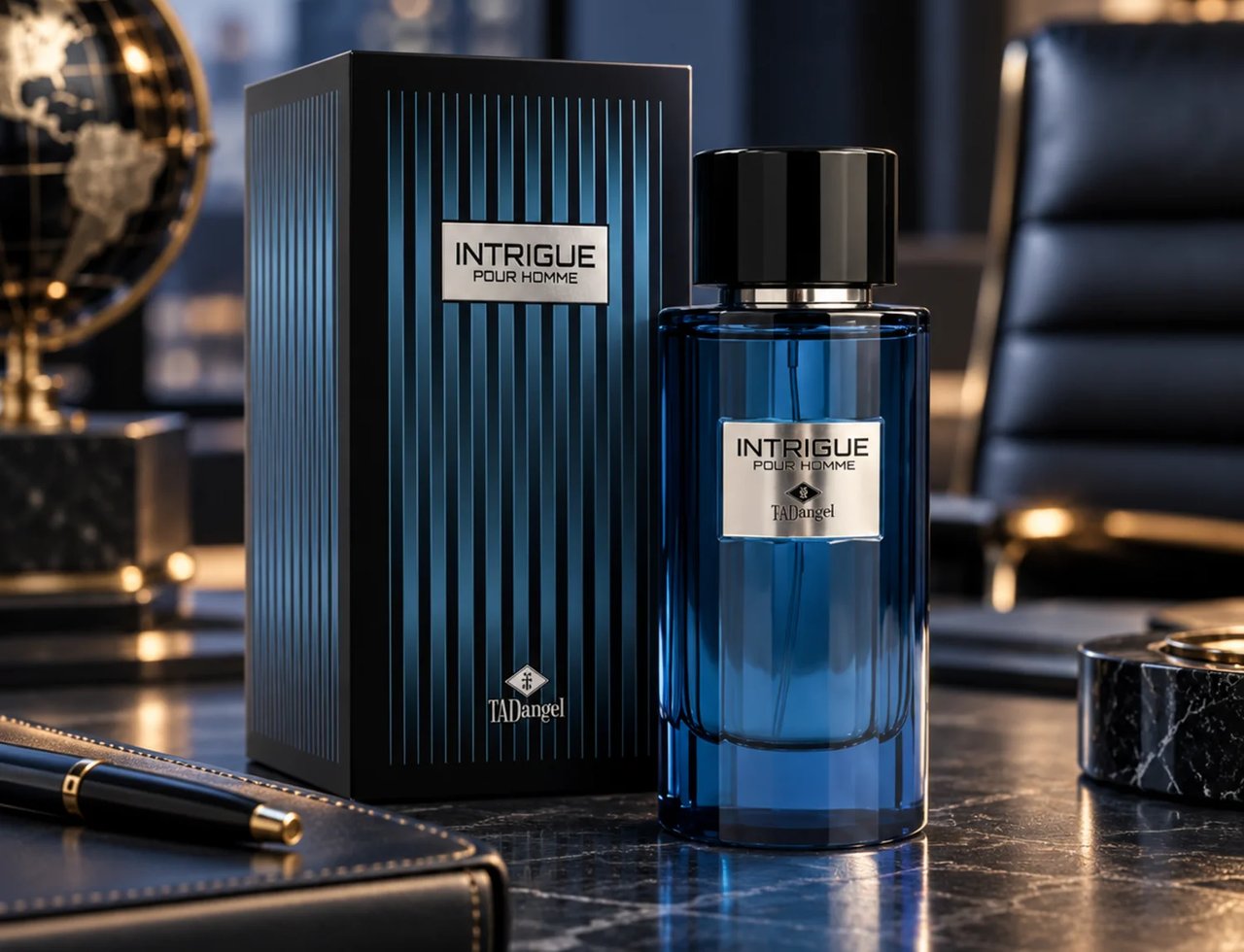 TADangel Intrigue Pour Homme — Blue glass perfume bottle and matching box on a marble desk with a leather notebook and pen, office chair in background.