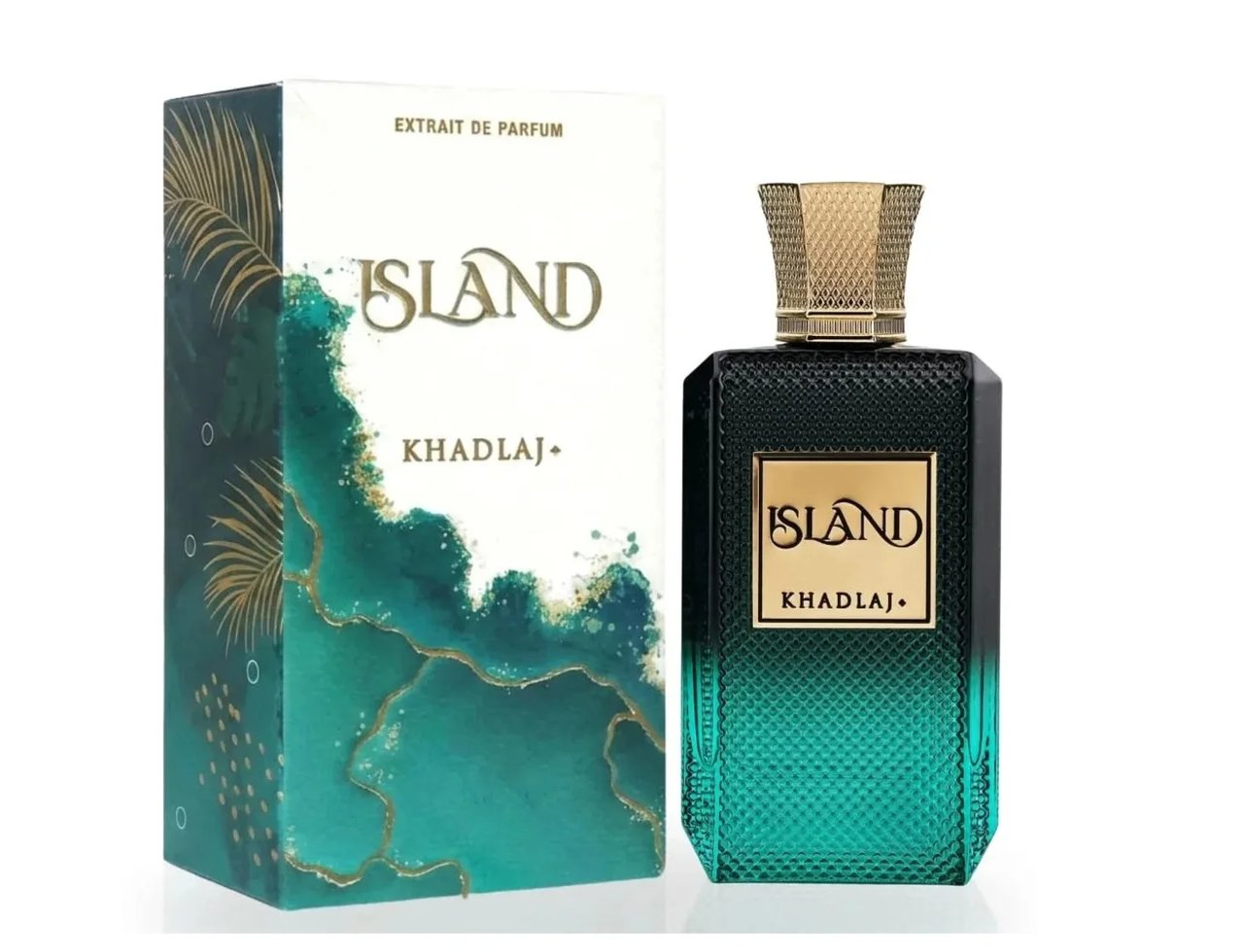 Khadlaj Island Extrait de Parfum 100ml by Khadlaj — A perfume bottle with a green gradient and gold cap sits next to its matching box with tropical leaf and abstract green design. | Khadlaj Island Extrait de Parfum 100ml by Khadlaj — Botol minyak wangi dengan gradien hijau dan penutup emas duduk bersebelahan dengan