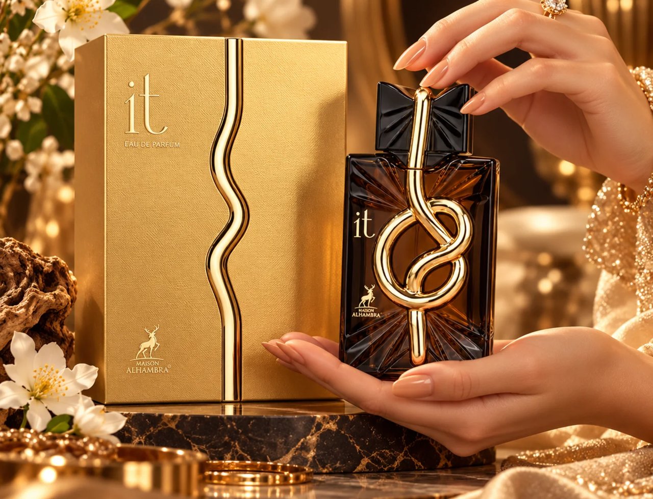 Maison Alhambra IT by Maison Alhambra 100ml EDP Men — Gold box and perfume bottle with gold knot design, held by hands with rings and bracelets, surrounded by flowers and luxurious fabric.