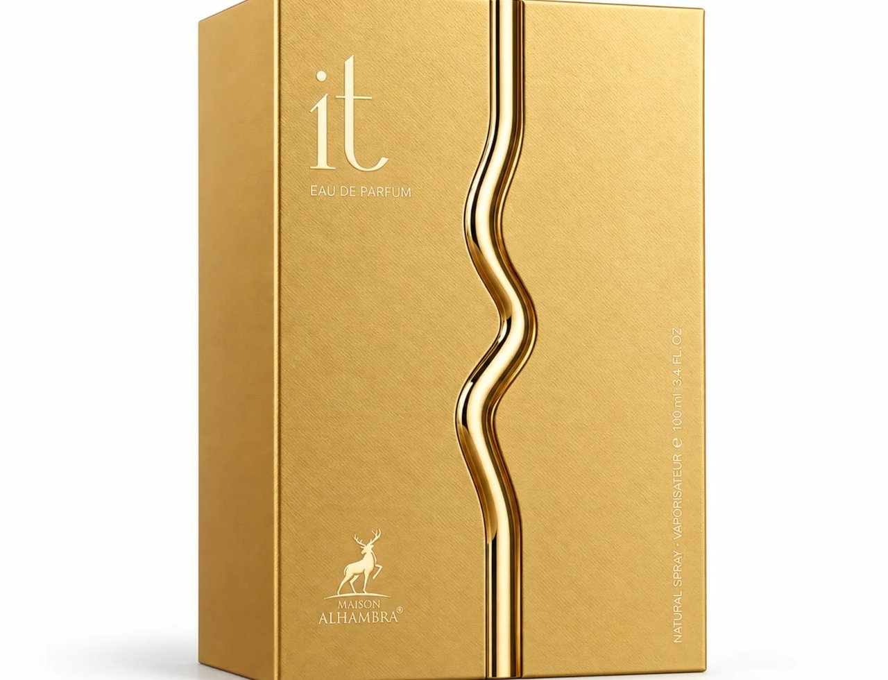 Maison Alhambra IT oleh Maison Alhambra 100ml EDP Men — Kotak bertekstur emas dengan garisan emas berombak di tengah, memaparkan logo 'it' dan lambang rusa.
