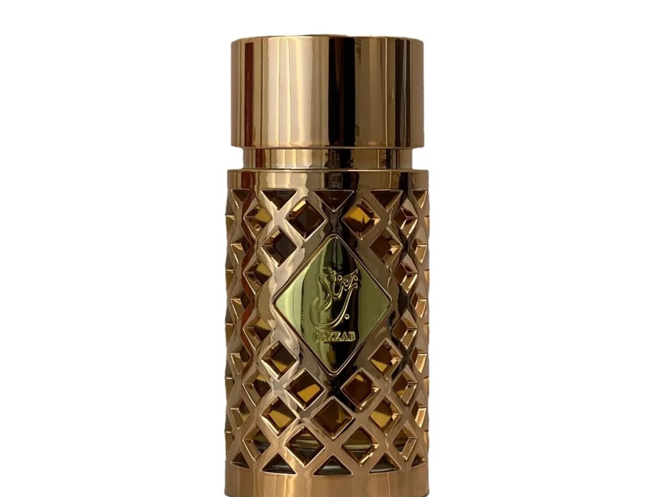 Ard Al Zaafaran Jazzab Gold by Ard Al Zaafaran Eau De Parfum 100ml — Botol wangian emas berkilat dengan reka bentuk berlubang seperti jaring berlian dan logo emas berbentuk berlian di tengah
