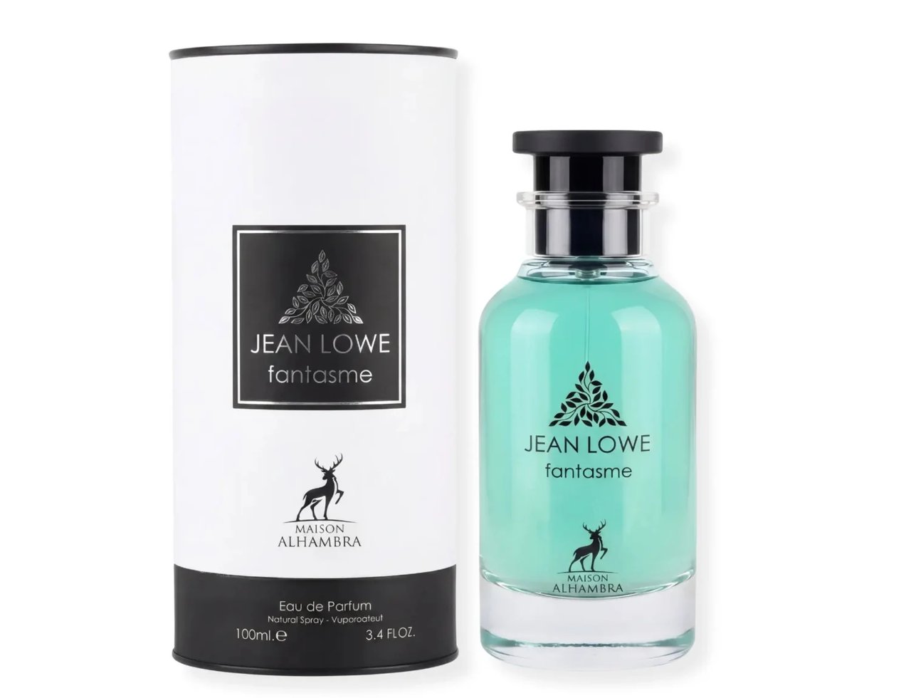 Maison Alhambra Jean Lowe Fantasme 100ml — Botol kaca berwarna biru kehijauan dengan penutup hitam, diletakkan di sebelah kotak silinder putih dan hitam dengan reka bentuk rusa.